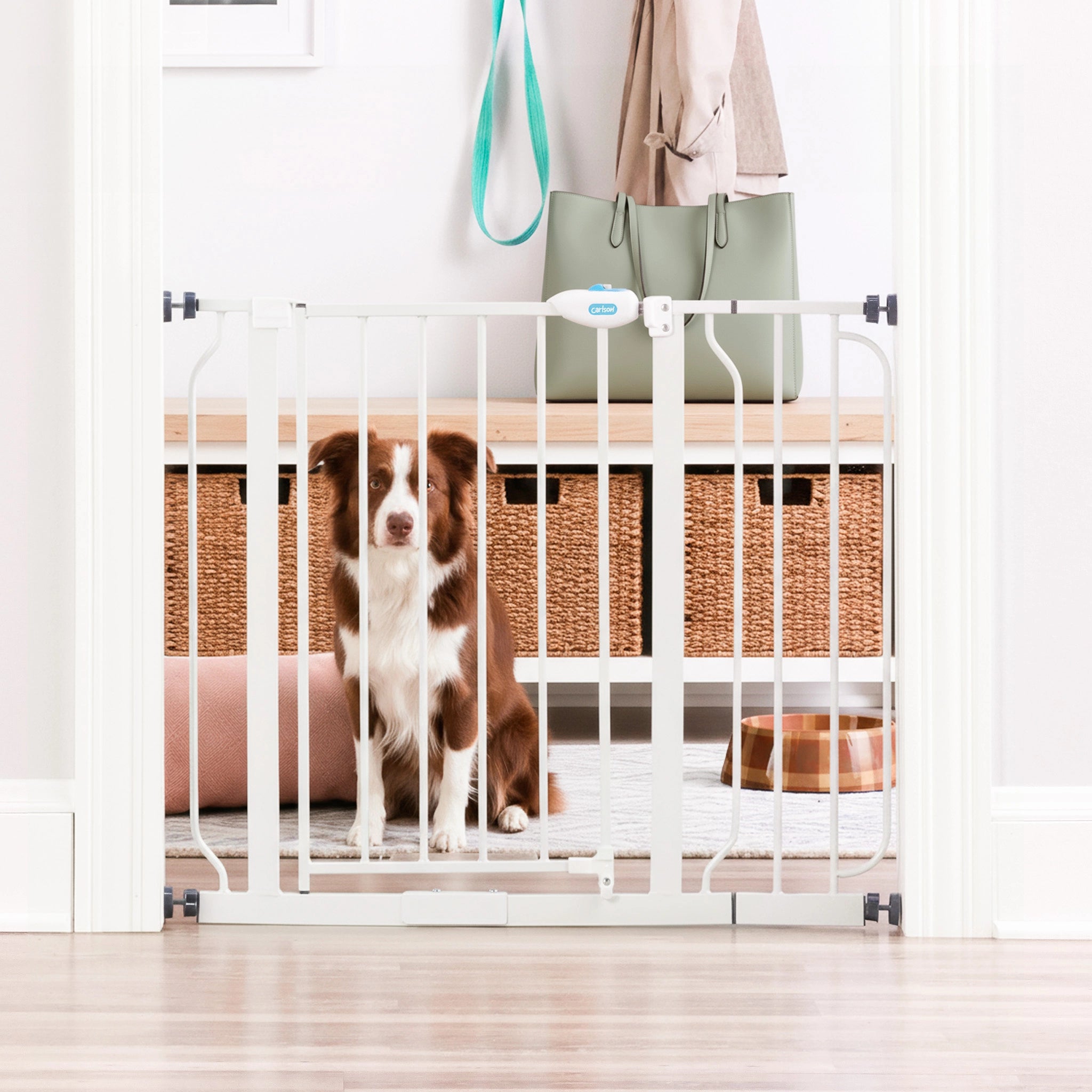 White Carlson Extra Wide Walk-Thru Pet Gate with all-steel, chew-proof construction, designed for easy installation and everyday pass-through use. Fits openings from 74.9 cm to 90.2 cm wide, stands 76.2 cm tall, and includes a 10.1 cm extension for versatile placement in doorways, hallways, or at the bottom of stairs. This model is sold exclusively in the UK.