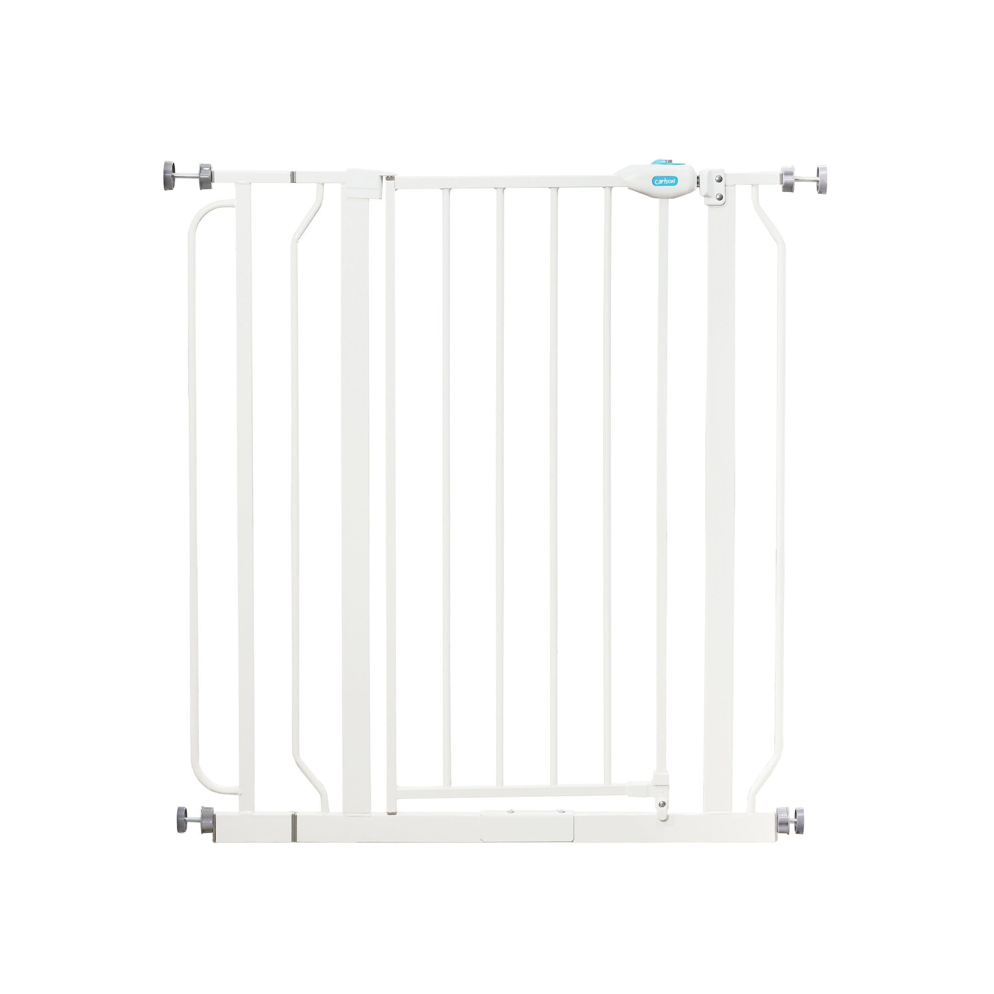 White Carlson 91.4 cm Extra Tall Walk-Thru Pet Gate made from durable, chew-proof steel. Fits 74.9–90.2 cm openings with a 10.1 cm extension. Tall, walk-through design ideal for larger or active dogs, providing secure and convenient pet containment in the home.