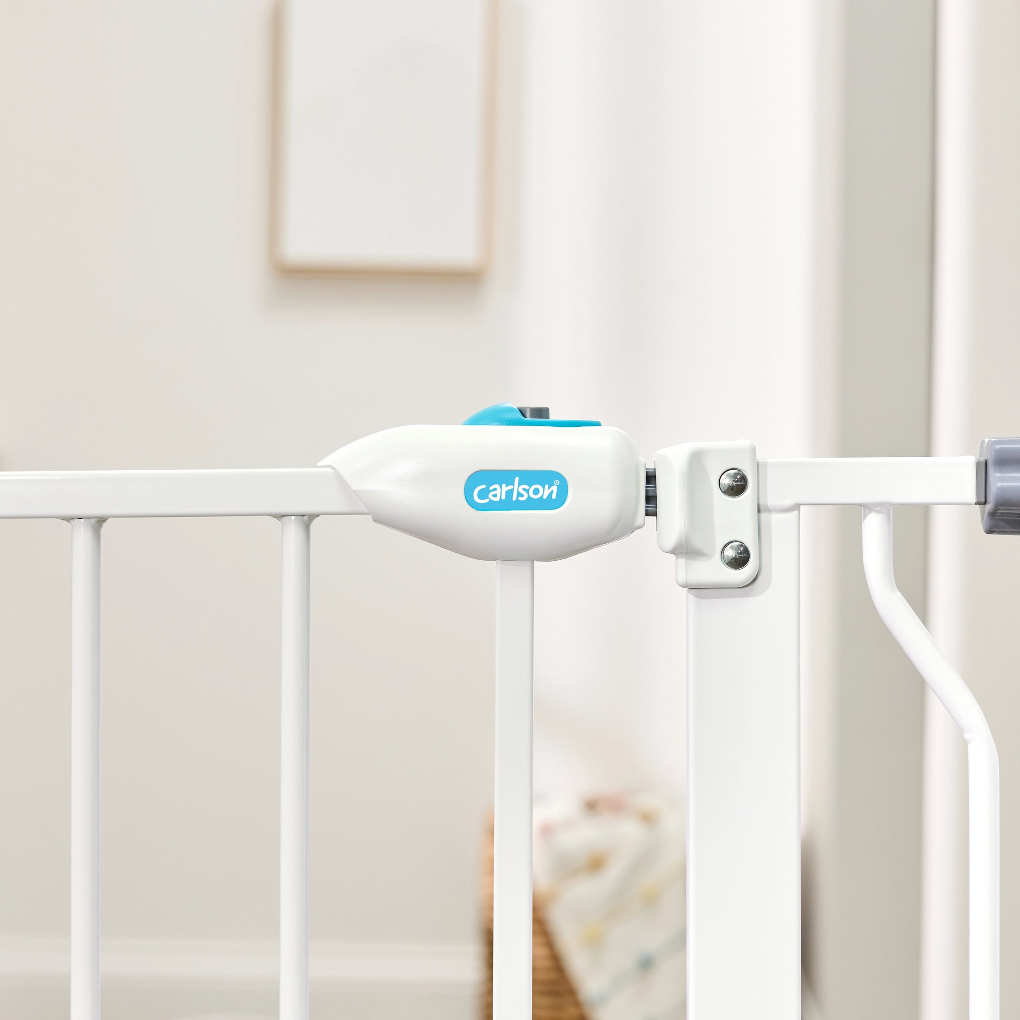 White Carlson 91.4 cm Extra Tall Walk-Thru Pet Gate made from durable, chew-proof steel. Fits 74.9–90.2 cm openings with a 10.1 cm extension. Tall, walk-through design ideal for larger or active dogs, providing secure and convenient pet containment in the home.