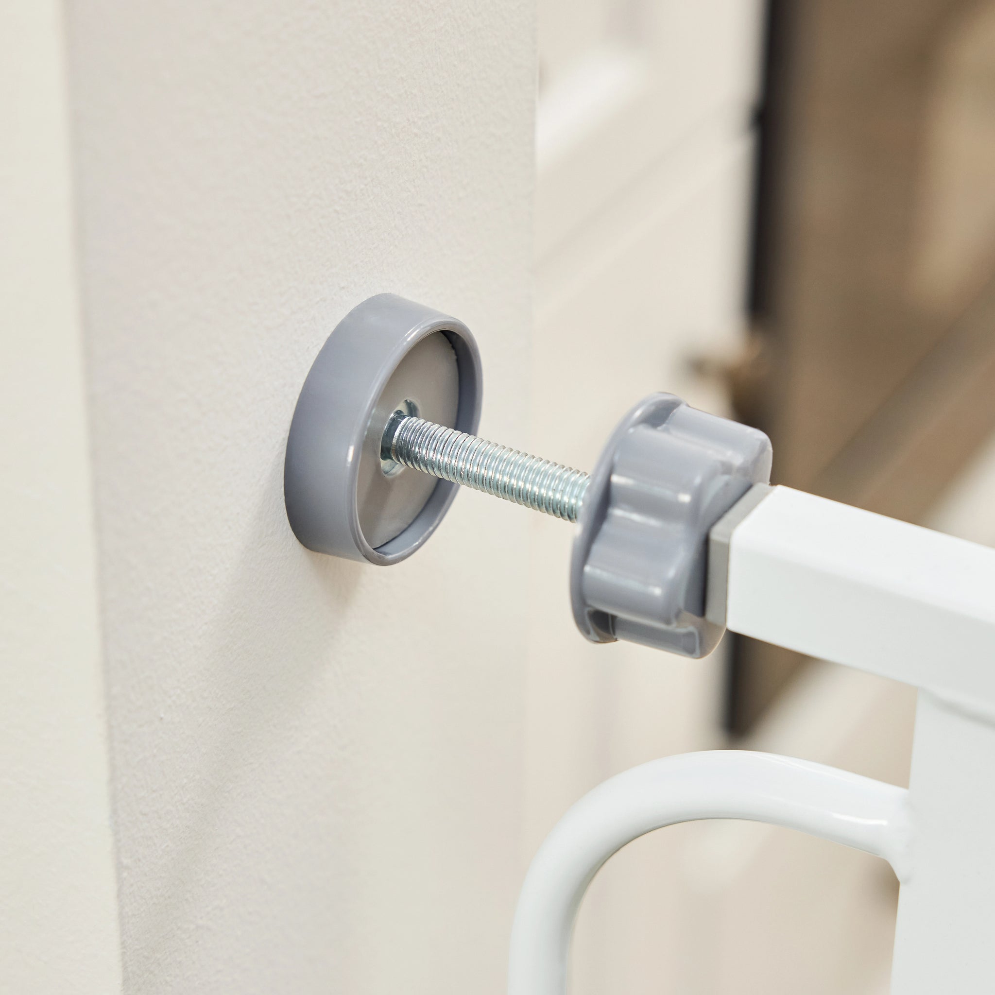 White Carlson 91.4 cm Extra Tall Walk-Thru Pet Gate made from durable, chew-proof steel. Fits 74.9–90.2 cm openings with a 10.1 cm extension. Tall, walk-through design ideal for larger or active dogs, providing secure and convenient pet containment in the home.